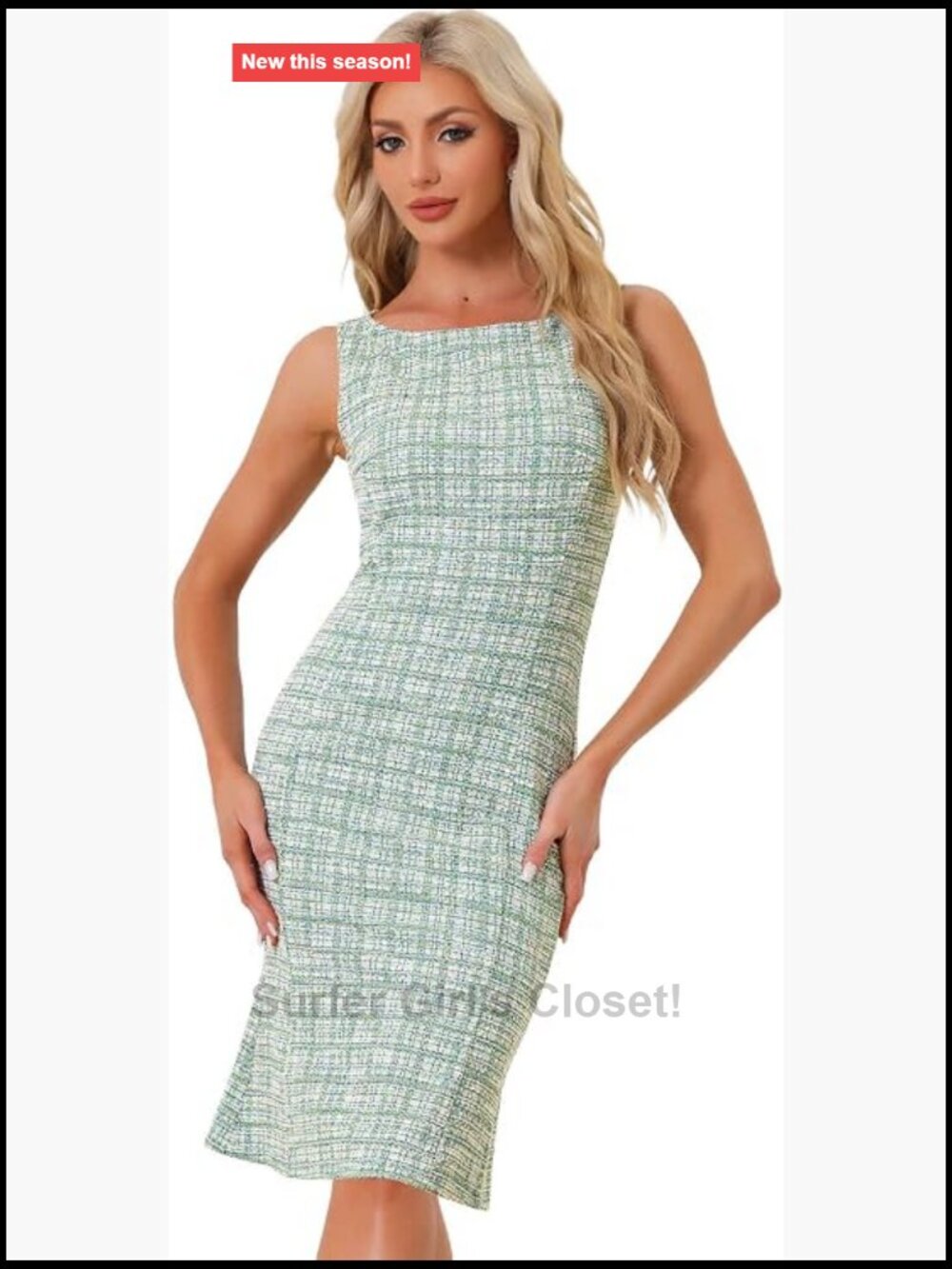 Elegant Sleeveless Tweed Bodycon Pencil Dress Knee Length